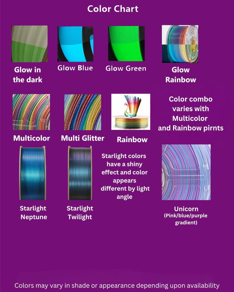 May include: A colour chart showcasing filament colours such as Glow in the Dark, Glow Blue, Glow Green, and Glow Rainbow. Other options include Multicolor, Multi Glitter, Rainbow, Starlight Neptune, Starlight Twilight, and Unicorn (Pink/blue/purple gradient).
