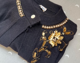 Vintage 1950s Black Pearls Sequins Pinup Cropped Sweater VLV Rockabilly Cardigan 50s  Knitwear