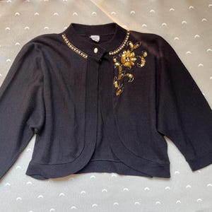 Vintage 1950s Black Pearls  Sequins Pinup Cropped Sweater VLV Rockabilly Cardigan 50s  Knitwear