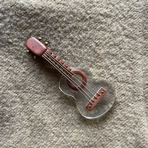 Vintage 1940s Carved Lucite Wood Brass Guitar Brooch 40s Novelty Brooch