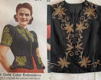 Vintage 1940s Black Taffeta Gold Soutache Jacket