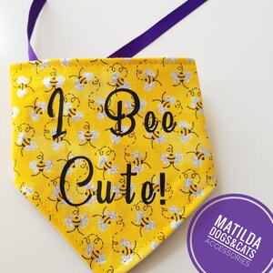 Bee cute reversible bandana, I bee cute, dog bandana, bee dog bandana, text bandana. Add on dog bandana. Cat bandana, bees, pet bandanas,
