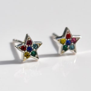 Sterling Silver 925 Multi Coloured Rainbow CZ Star Stud Earrings