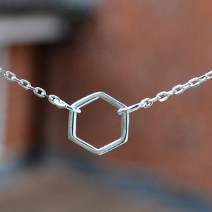 Sterling Silver 925 Open 8mm Hexagon Necklace on 15-17 inch Trace Chain - Geometric Minimalist Jewellery