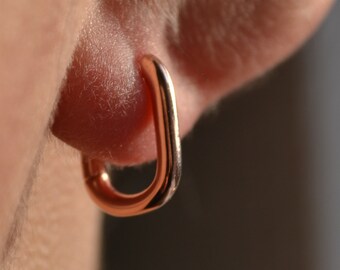 Sterling Silver 925 Rose Gold Plated 13mm x 9mm Huggies Rectangle Hoop Minimalist Earrings, Tiny Hoops, Thin Hoops