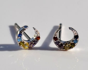 Sterling Silver 925 Multi Coloured Rainbow CZ Mini New Moon Crescent Stud Earrings