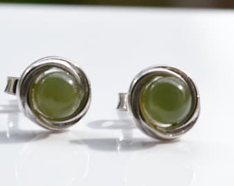 925 Sterling Silver Genuine Natural 5mm Round Dark Green Jade Swirl Earrings, Natural Stone Earrings, Jade Studs
