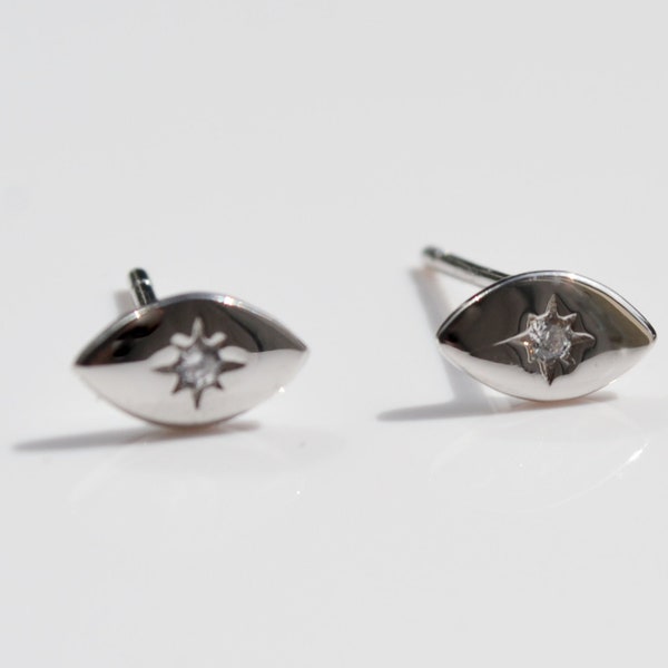 Sterling Silver 925 Pair of CZ Star Set Evil Eye Stud Earrings -Protection Jewellery, Jewish Evil Eye Jewellery
