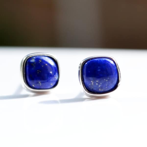 925 Sterling Silver Genuine Natural 6mm Square Lapis Lazuli Earrings, Natural Stone Earrings, Blue Earrinds, Lazurite Stud Earrings