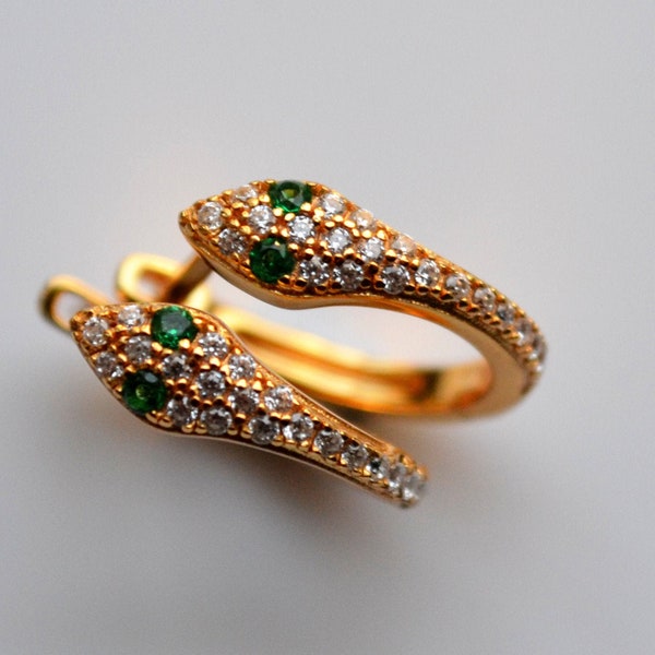 Sterling Silver 925 Yellow Gold Plated CZ Set Snake with Green CZ Eyes Outer 13mm Inner 1.1cm Hoop Earrings, Tiny Hoops, Thin Hoops