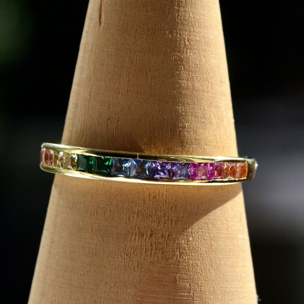 Sterling Silver 925 Yellow Gold Plated Multi CZ Rainbow Coloured Channel Set Band Closed Ring Size L, N and P Not Adjustable