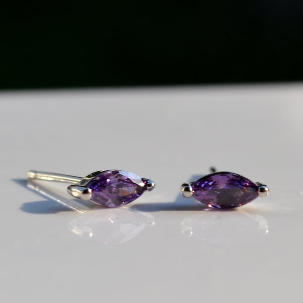 Sterling Silver 925 Purple Marquise CZ Set Stud Earrings
