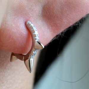 Sterling Silver 925 Huggies Pair of Sparkling White CZ Set Spiky Outer 10mm Inner 7.5mm Hoops, Funky Earrings, Punk Earrings