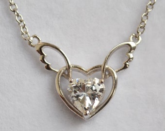 Sterling Silver 925 6mm Heart CZ Heart on Angel Wings Pendant Choker Necklace on 16-17 inch Chain - Love and Heart
