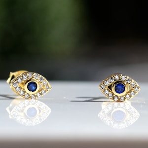 Sterling Silver 925 Pair of Yellow Gold Plated Blue and White CZ Set Evil Eye Stud Earrings -Protection Jewellery, Jewish Evil Eye Jewellery