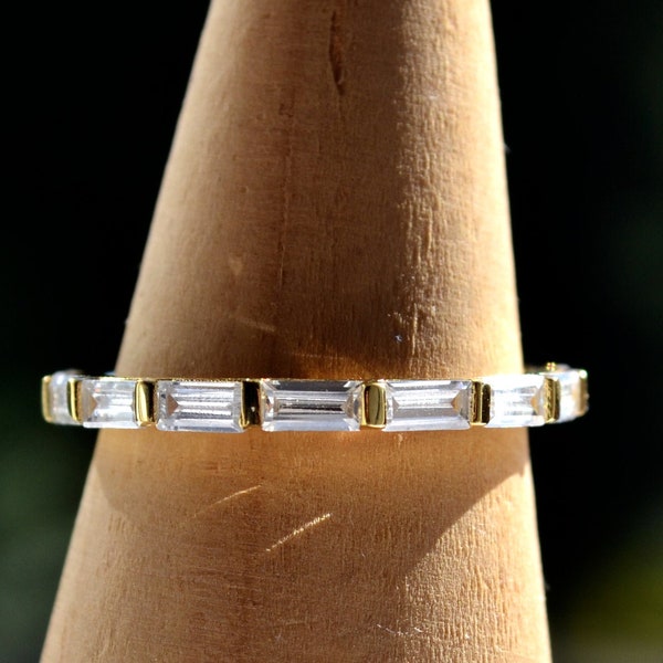 Sterling Silver 925 Yellow Gold Plated White Baguette CZ Closed Ring Size L, N, O Not Adjustable