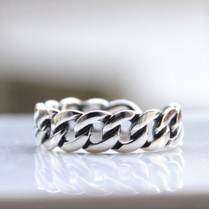 Sterling Silver 925 6mm Curb Chain Link Open Oxidised Band Ring Size N Adjustable