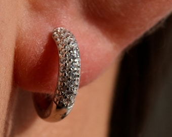 May include: A silver hoop earring with a row of small, clear cubic zirconia stones around the entire hoop.