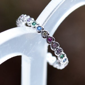 Sterling Silver 925 Multi CZ Rainbow Coloured Hearts Eternity Band Closed Ring Size J L, N and P Not Adjustable
