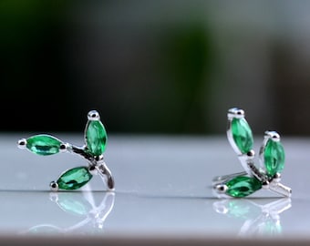 Sterling Silver Green CZ Leaf Stud Earrings - Spring Summer Accessories