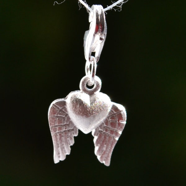 925 Sterling Silver Heart with Angel Wings Clip on Charm for Bracelets or Keychains - Birthday, Valentines Day, Christmas gift