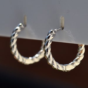 Sterling Silver 925 Huggies Twist Plait 14mm Hoops Earrings, Tiny Hoops, Thin Hoops