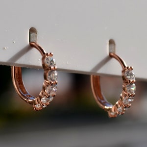 Sterling Silver 925 Huggies 14mm Rose Gold Plated Single Row Sparkling White CZ Mini Hoop Minimalist Earrings, Tiny Hoops, Thin Hoops