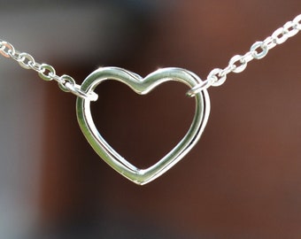 Sterling Silver 925 Open Heart Necklace on 15-17 inch Chain Choker Style Necklace