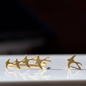 Sterling Silver Yellow Gold Plated Asymmetrical 925 Birds Climber and Stud Earrings - Birthday, Bridesmaids, Valentines Day gift