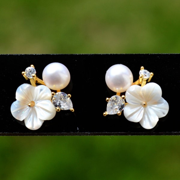 925 Sterling Silver Or 18k Gold Plated Genuine Fresh Water White Pearl Mother of Pearl Flower Teardrop CZ Stud Earrings - Bridal, Floral