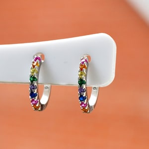 Sterling Silver 925 Pair of Huggies, Silver or Yellow Gold Plated Silver Multi Coloured Rainbow CZ 13x9 mm Horseshoe Hoops, Thin Earrings