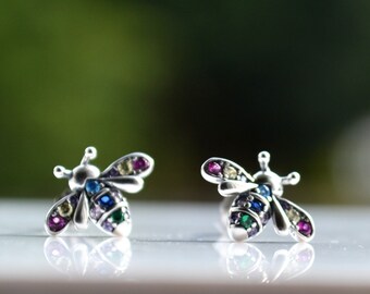 Sterling Silver 925 Multi-Coloured CZ Bee, Beetle, Butterfly, Or Dragonfly Mini Animal Insect Stud Earrings