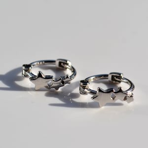 Sterling Silver 925 Huggies Triple Stars 9mm Mini Hoops Earrings, Tiny Hoops, Thin Hoops