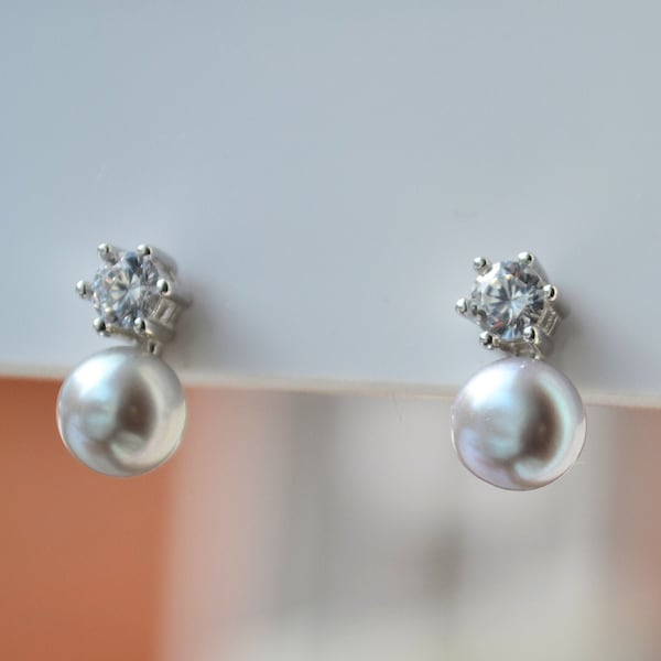 925 Sterling Silver 6 Claw CZ Genuine Freshwater Grey Pearl Stud Earrings - Wedding, Bridal,Bridesmaid,Christmas, Valentine's Gifts