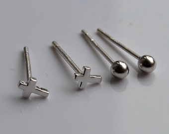 925 Sterling Silver Set of 2 Mini Cross and 3mm Ball Studs  -  Second Piercing Earrings