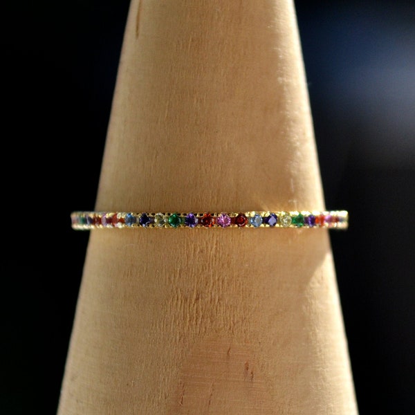 Sterling Silver 925 Yellow Gold Plated Multi CZ Rainbow Coloured Band Closed Ring Size J, L, N and P Not Adjustable