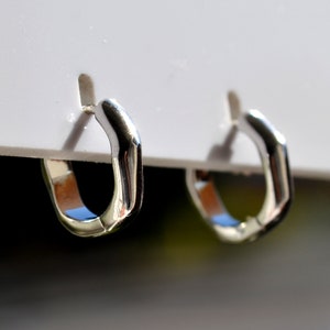 May include: A pair of small, shiny silver hoop earrings. The earrings have a geometric, slightly angular design. They are displayed against a white background, with a blurred green and brown background.