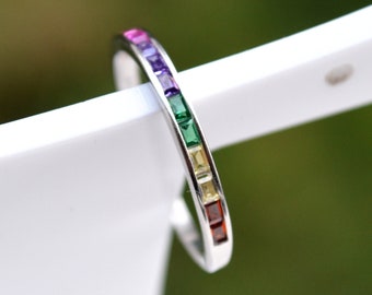 Sterling Silver 925 Multi CZ Rainbow Coloured Channel Set Band Closed Ring Size J, K, L, N, P, Q, S Not Adjustable