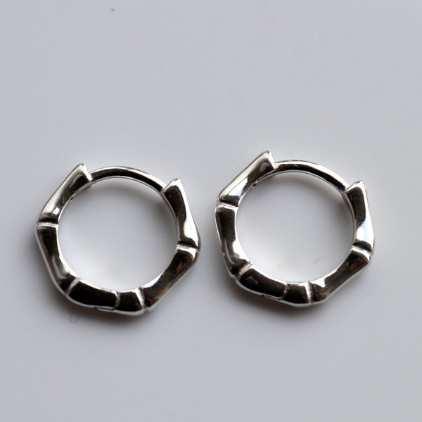 Sterling Silver 925 Huggies Outer 12mm Inner 9mm Heart Bamboo Mini Hoop Minimalist Earrings - Plant Jewellery