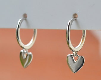 Sterling Silver 925 Silver or 18K Yellow Plated Huggies Heart Drop Outer 10mm Inner 8.5mm Hoops Earrings - Love and Friendship Jewellery