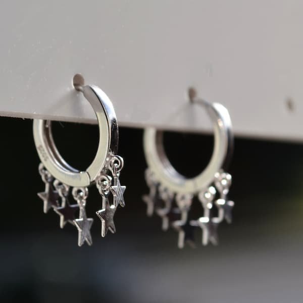 Sterling Silver 925 Silver Colour or Yellow Gold Plated Silver Huggies Outer 13mm Inner 9mm Hoops with Multi Stars Drops