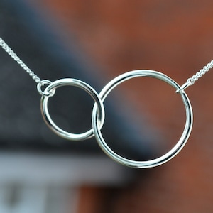Sterling Silver 925 Open Double Circle Necklace on 14-16.5 inch Curb Chain-Mother's Day, Bridesmaids, Valentines Day gift