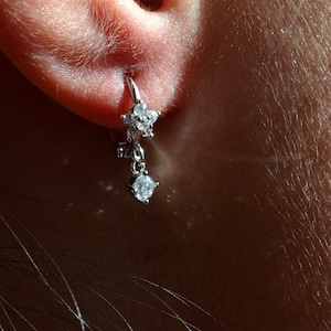 Sterling Silver 925 Huggies Mini CZ Flower with Circle Drop Mini Hoop Minimalist Earrings, Tiny Hoops, Thin Hoops