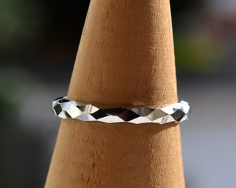 Sterling Silver 925 2mm Diamond Cut Diamond Patterned Faceted Band Closed Ring Sizes N, P1/2 Not Adjustable