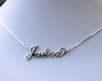 Sterling Silver 925 Personalised Carrie Font Any Name Birthstone Necklace Multi Length Box Chain - Birthday,Bridesmaids,Valentines Day gift