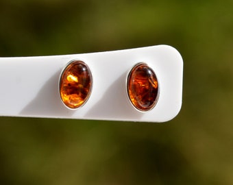 925 Sterling Silver Authentic 7x5mm Oval Amber Studs, Natural Stone Stud Earrings