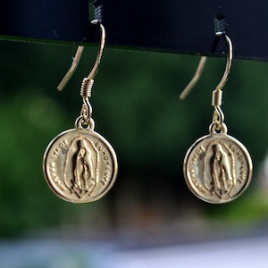 Sterling Silver 925 Yellow Gold Plated Religious Earrings, Virgin Mary Earrings, Miraculous Medal Jewelry, Round Coin Hookwire Earrings