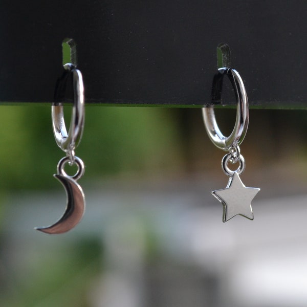 Sterling Silver 925 Huggies Plain Moon and Star Outer 10mm Inner 8mm Mini Hoops Earrings, Tiny Hoops, Thin Hoops