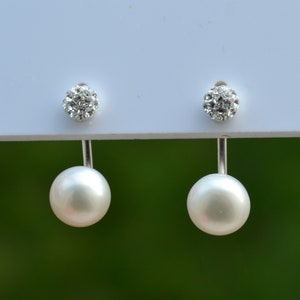 925 Sterling Silver 7-8mm Genuine Fresh water White Pearl Stud with Crystal Ball Earrings - Wedding, Bridal, Bridesmaid, Piercing Earrings