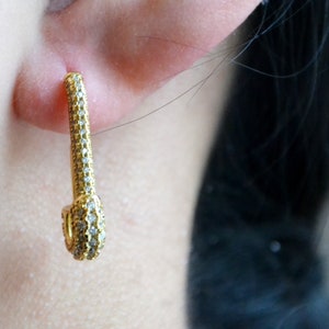 Safety Pin Earrings, Sterling Silver 925 Yellow Gold Plated CZ Set Safety Pin Stud Earrings, Paperclip Earrings